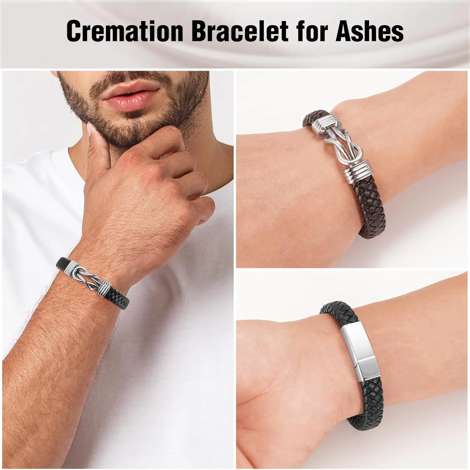 abooxiu Urn Bracelet for Ashes Leather Cremation Bracelet for Human Ashes Stainless Steel Ash Bracelets Memorial Cremation Jewelry Keepsake Bangle for Men