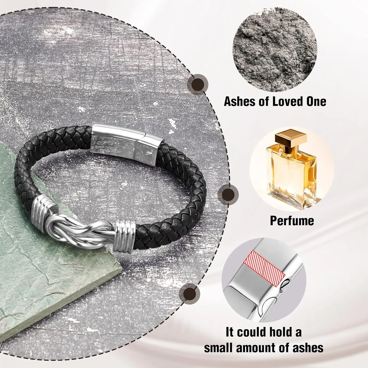abooxiu Urn Bracelet for Ashes Leather Cremation Bracelet for Human Ashes Stainless Steel Ash Bracelets Memorial Cremation Jewelry Keepsake Bangle for Men