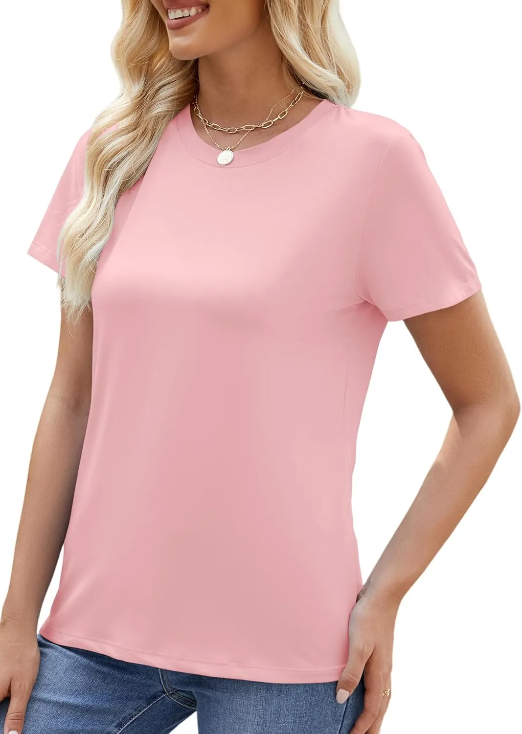 Basic T Shirts for Women Casual UPF 50  Short Sleeve Summer Tops 2025 Classic Loose Fit Plain Tee Shirt