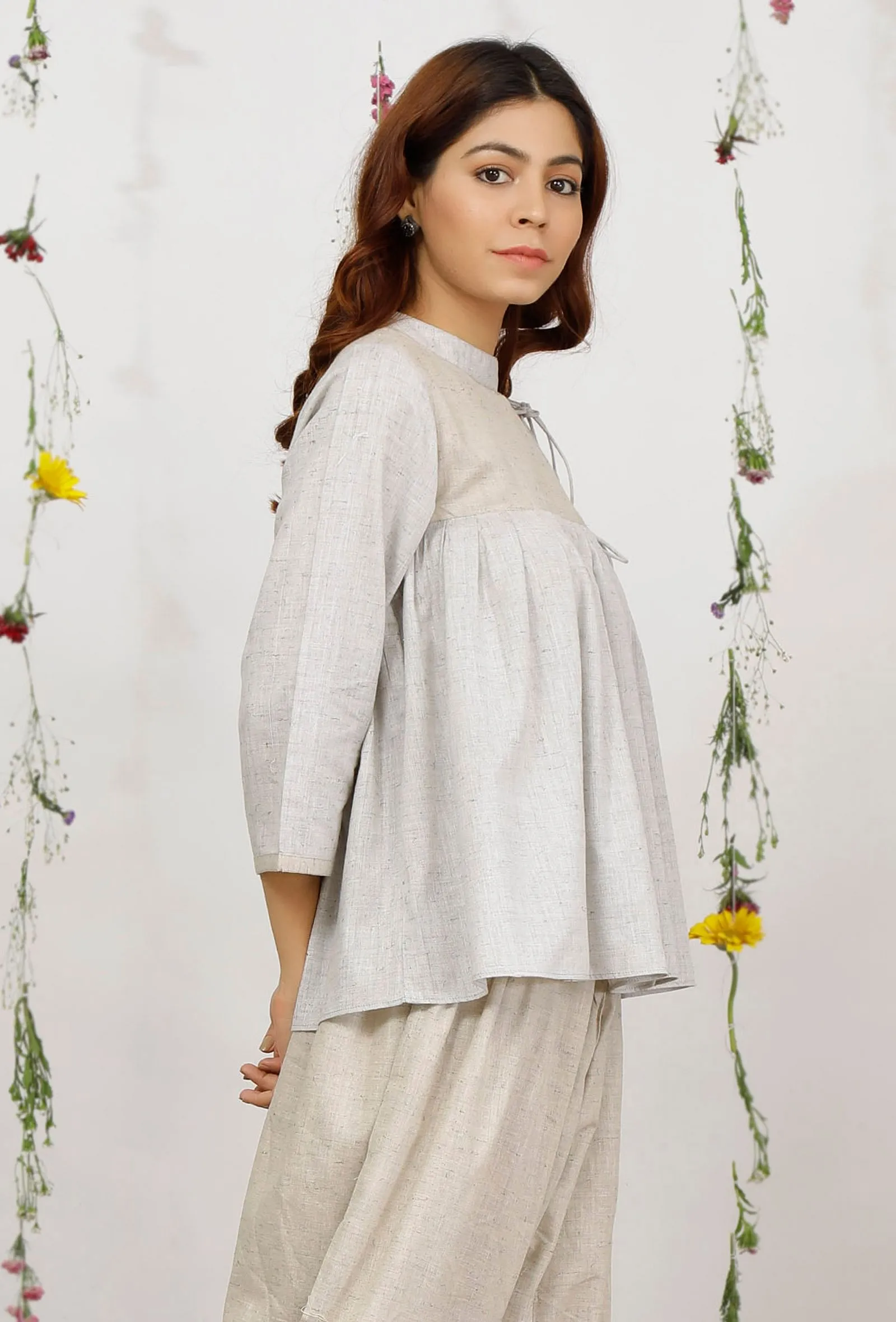 Beige Cotton Khaadi Side Tie-up Flared Short Kurta