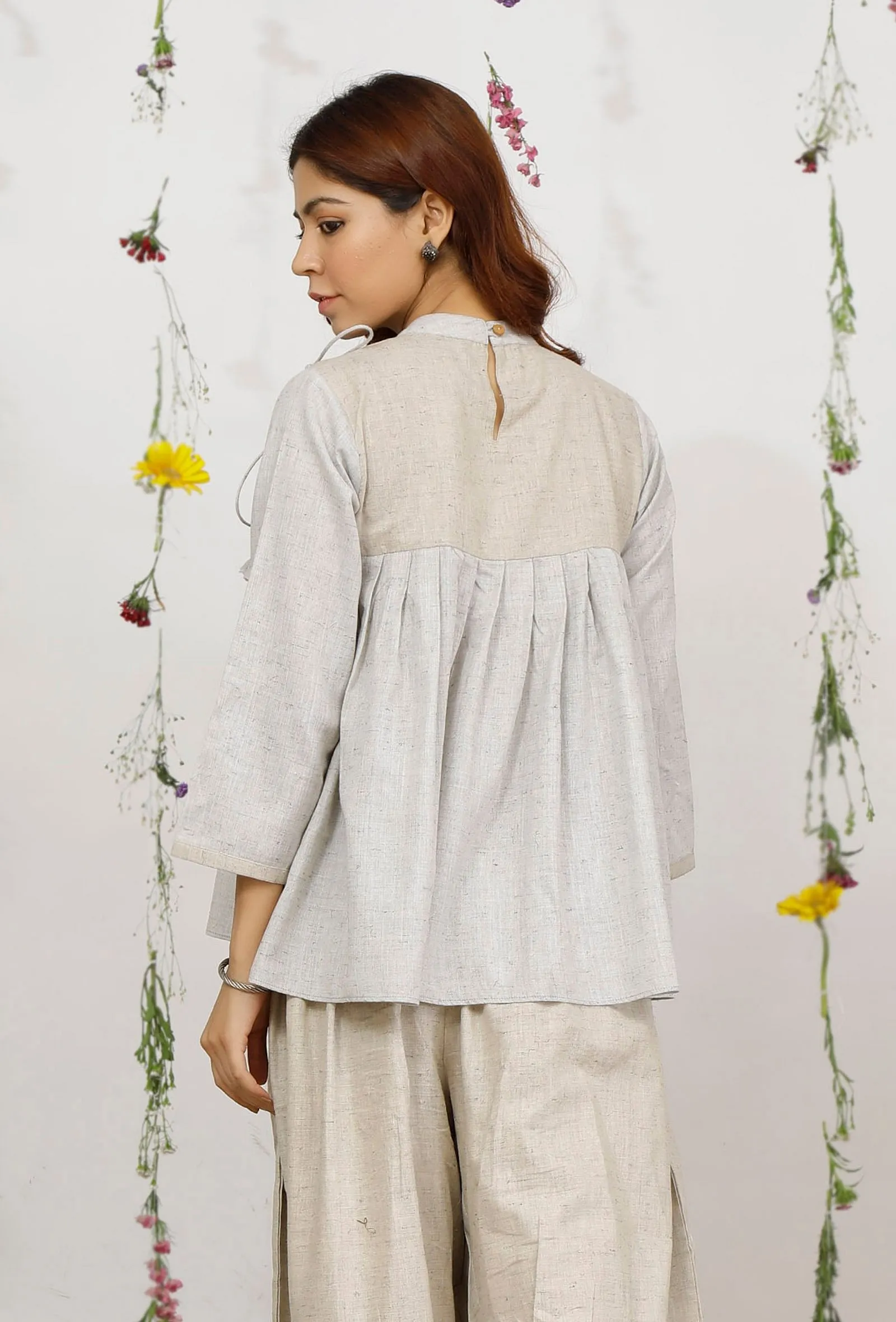 Beige Cotton Khaadi Side Tie-up Flared Short Kurta