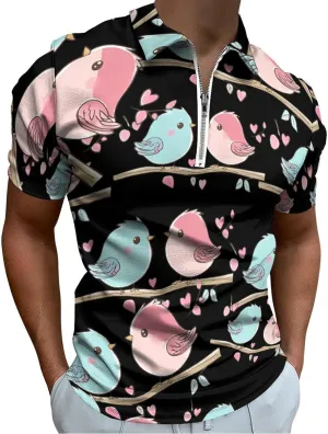 Birds In Love Trendy Polo Shirts for Men Short Sleeve Lapel Collar Zipper T-Shirts Outdoor Sports 4XL