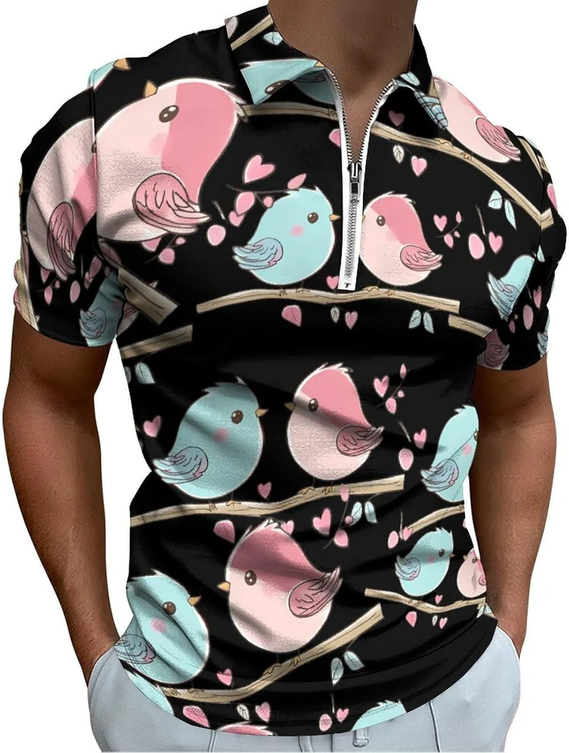 Birds In Love Trendy Polo Shirts for Men Short Sleeve Lapel Collar Zipper T-Shirts Outdoor Sports 4XL