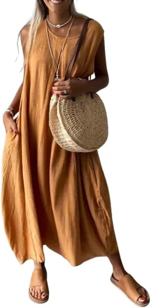 chouyatou Women's Summer Sleeveless Linen Tank Dress Casual Loose A-Line Midi Long Beach Dress