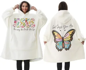 Christian Gifts for Women Birthday, Inspirational Religious Mothers Day Gift Wearable Blanket Hoodie, Catholic Spiritual Jesus Faith Butterfly Gift Oversized Sherpa Fleece Blanket Sweatshirt for Women