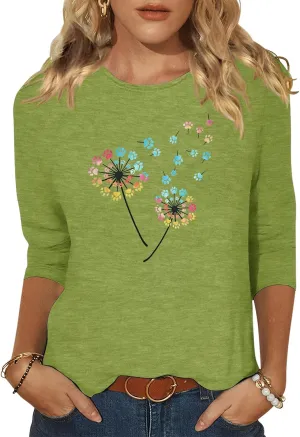 Chulianyouhuo Womens 3/4 Sleeve T Shirt Sunflower Graphic Tees Dandelion Flower Print Summer Casual Tops Blouse