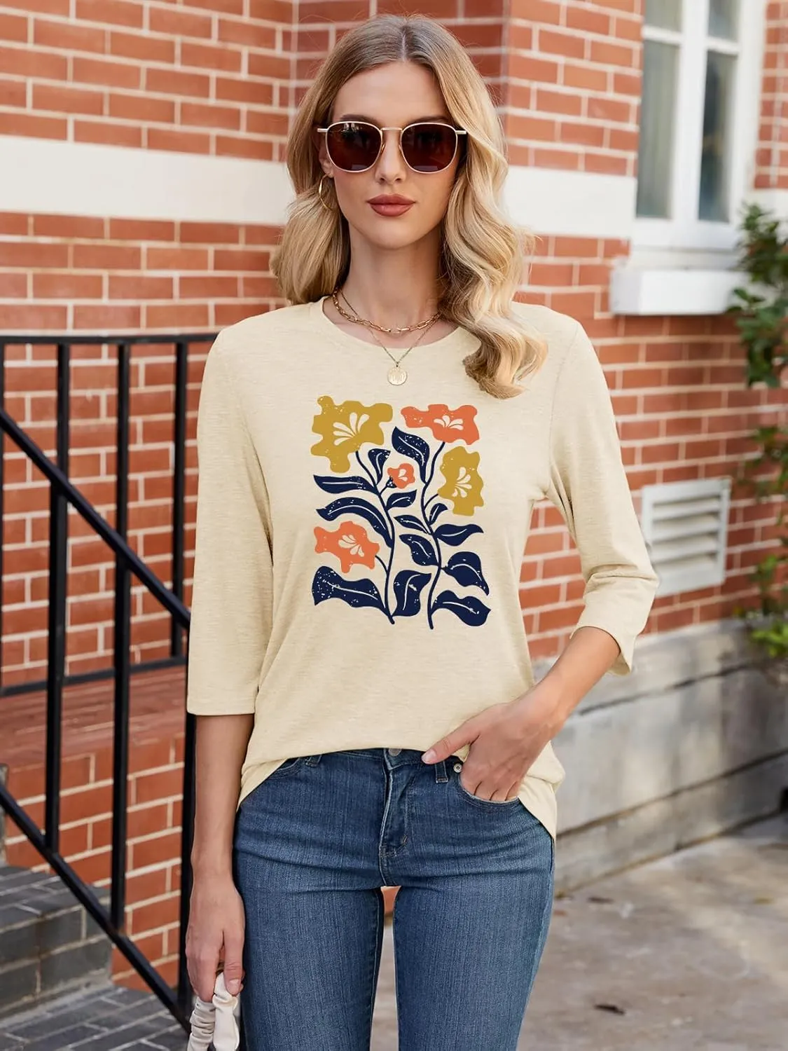 Chulianyouhuo Womens 3/4 Sleeve T Shirt Sunflower Graphic Tees Dandelion Flower Print Summer Casual Tops Blouse