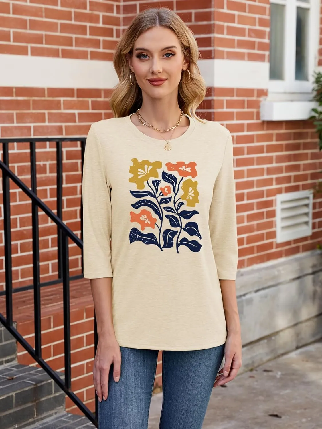 Chulianyouhuo Womens 3/4 Sleeve T Shirt Sunflower Graphic Tees Dandelion Flower Print Summer Casual Tops Blouse