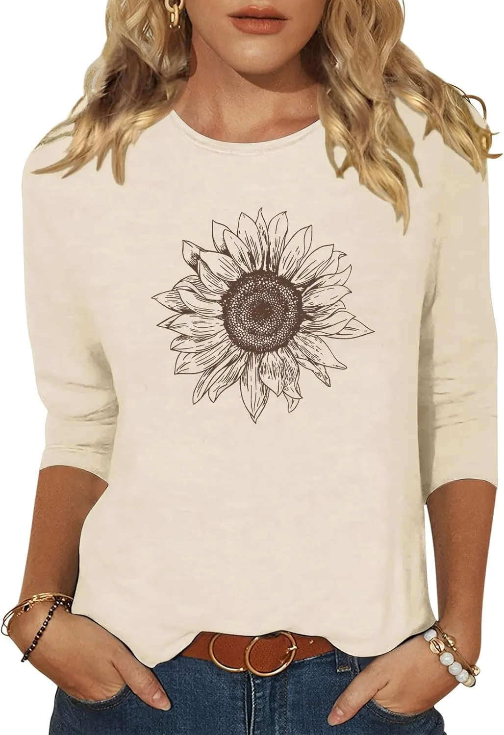 Chulianyouhuo Womens 3/4 Sleeve T Shirt Sunflower Graphic Tees Dandelion Flower Print Summer Casual Tops Blouse