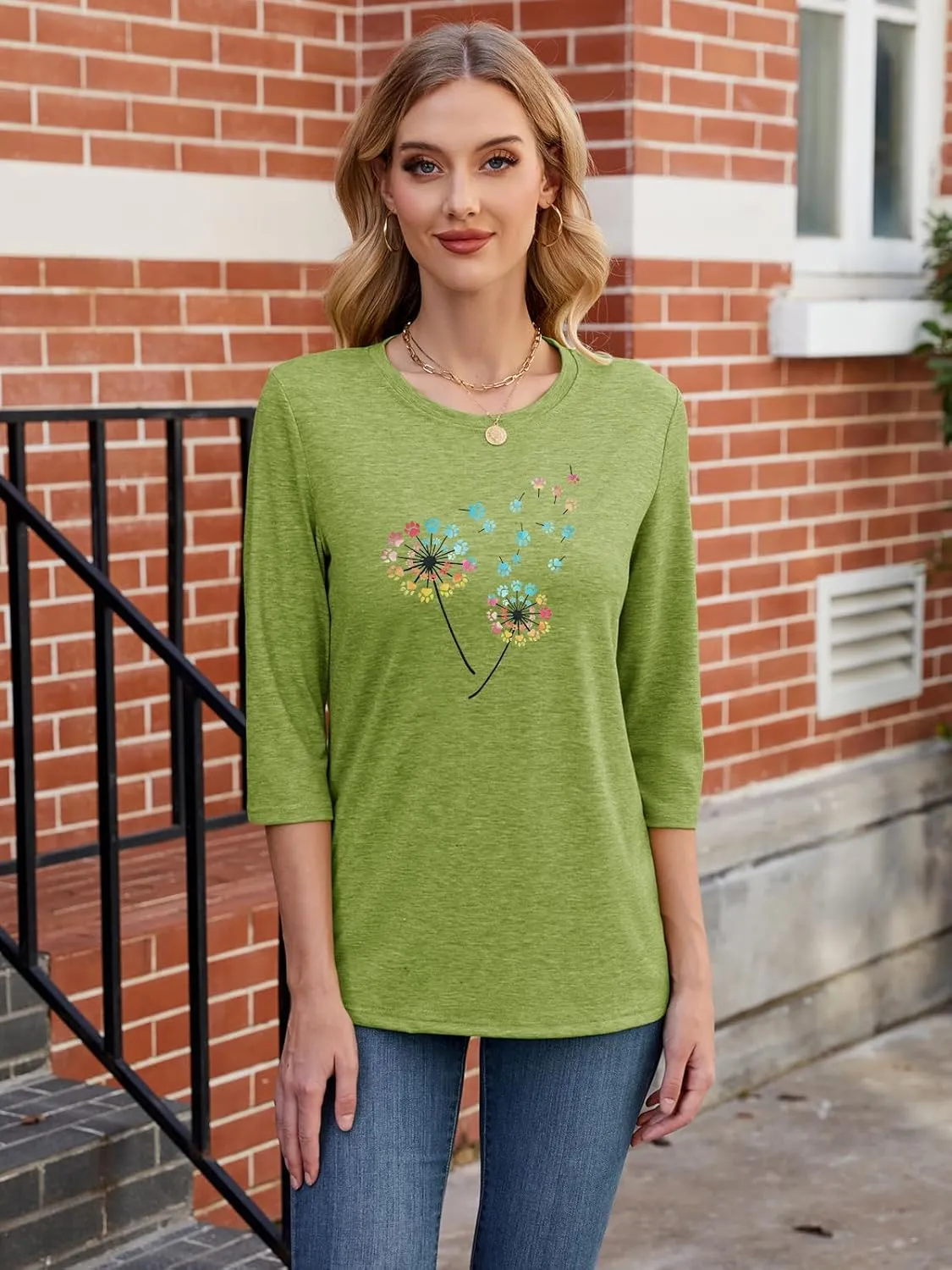 Chulianyouhuo Womens 3/4 Sleeve T Shirt Sunflower Graphic Tees Dandelion Flower Print Summer Casual Tops Blouse