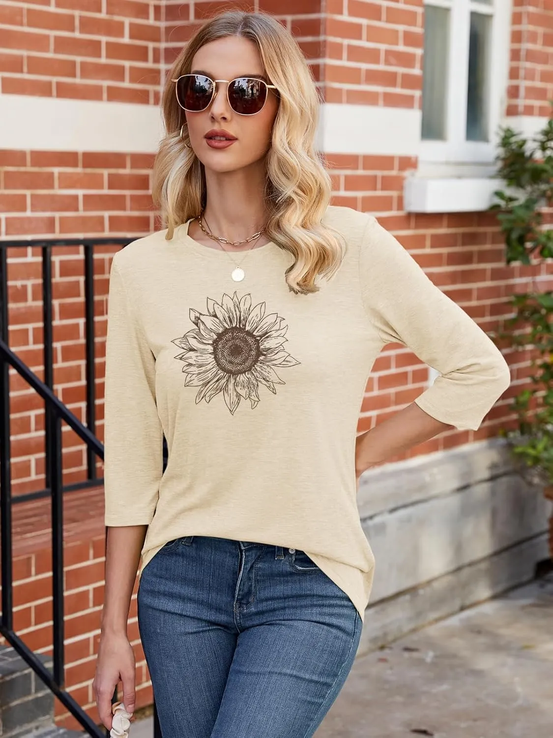 Chulianyouhuo Womens 3/4 Sleeve T Shirt Sunflower Graphic Tees Dandelion Flower Print Summer Casual Tops Blouse