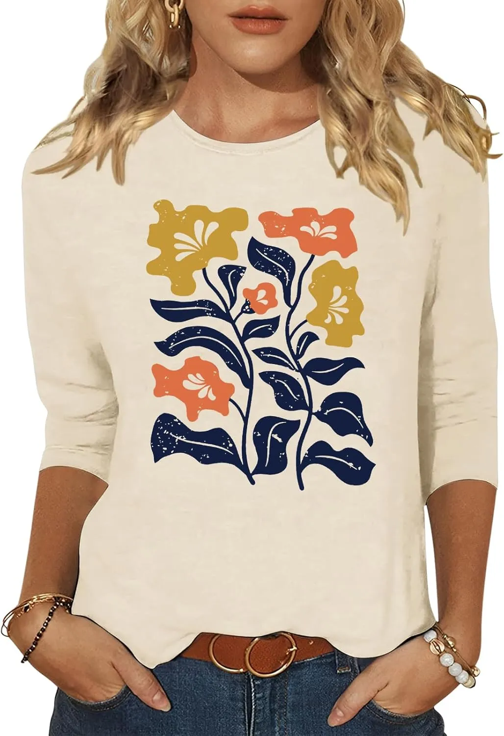 Chulianyouhuo Womens 3/4 Sleeve T Shirt Sunflower Graphic Tees Dandelion Flower Print Summer Casual Tops Blouse