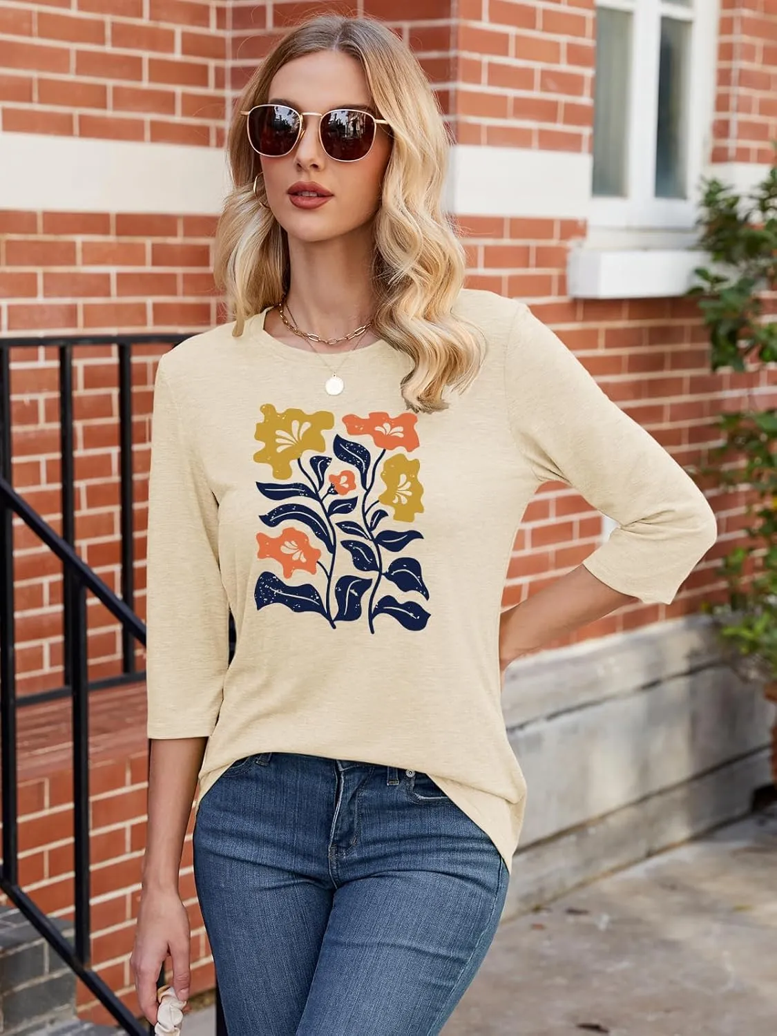 Chulianyouhuo Womens 3/4 Sleeve T Shirt Sunflower Graphic Tees Dandelion Flower Print Summer Casual Tops Blouse