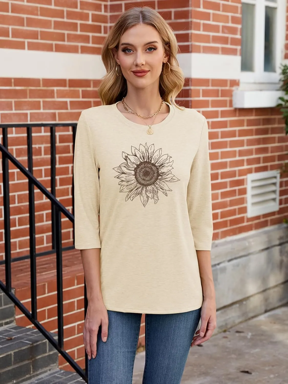 Chulianyouhuo Womens 3/4 Sleeve T Shirt Sunflower Graphic Tees Dandelion Flower Print Summer Casual Tops Blouse