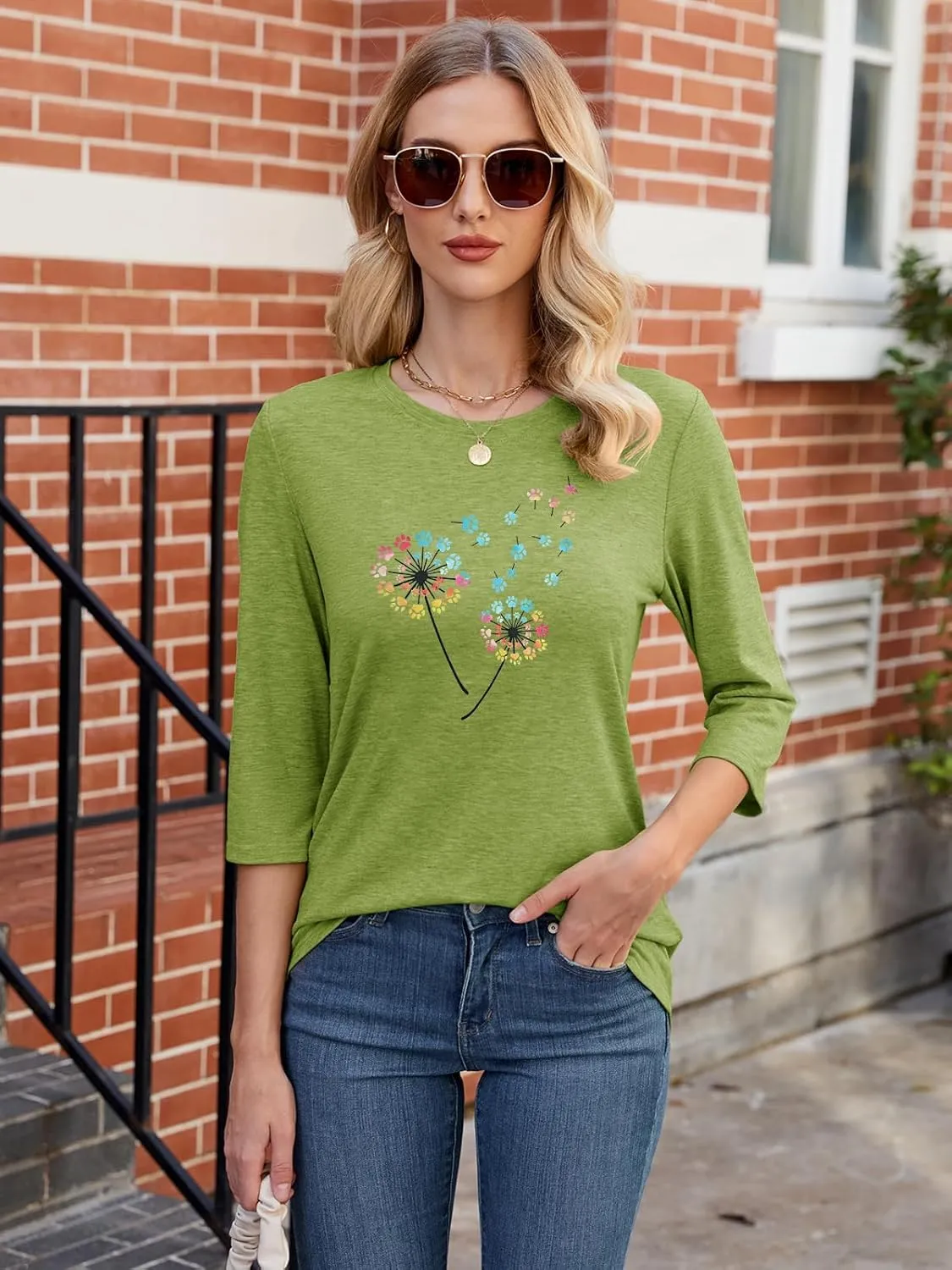 Chulianyouhuo Womens 3/4 Sleeve T Shirt Sunflower Graphic Tees Dandelion Flower Print Summer Casual Tops Blouse