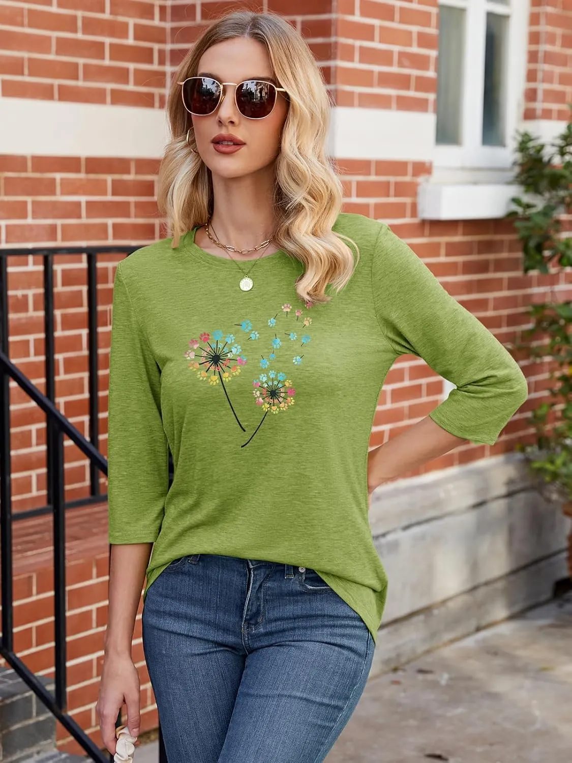Chulianyouhuo Womens 3/4 Sleeve T Shirt Sunflower Graphic Tees Dandelion Flower Print Summer Casual Tops Blouse