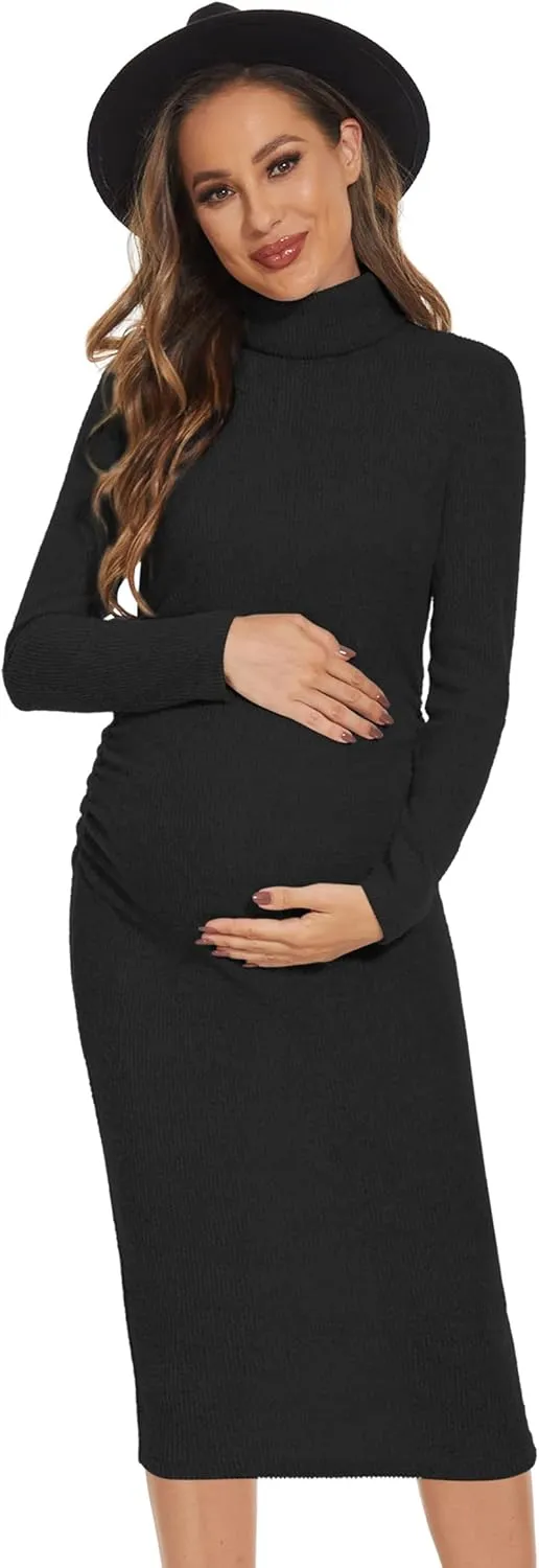 Classic-Fit Ribbed Knit Turtleneck Maternity Dress/Side Ruched Bodycon Dress Daily Fall