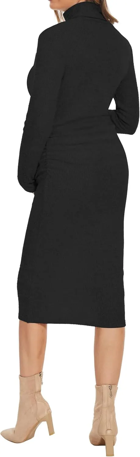 Classic-Fit Ribbed Knit Turtleneck Maternity Dress/Side Ruched Bodycon Dress Daily Fall