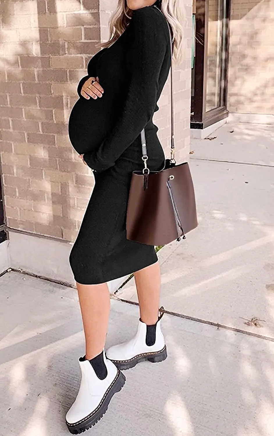 Classic-Fit Ribbed Knit Turtleneck Maternity Dress/Side Ruched Bodycon Dress Daily Fall