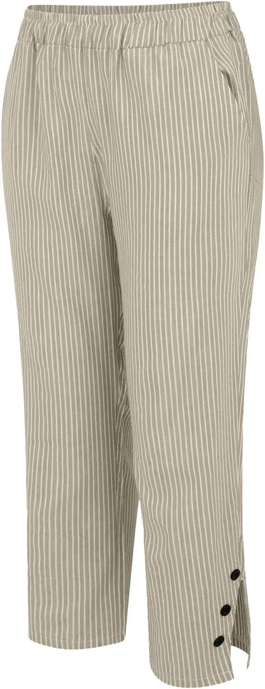 Cotton Linen Pants Women Petite Elastic Waisted Straight Leg Beach Baggy Capris Summer Casual Boho Pants with Pockets