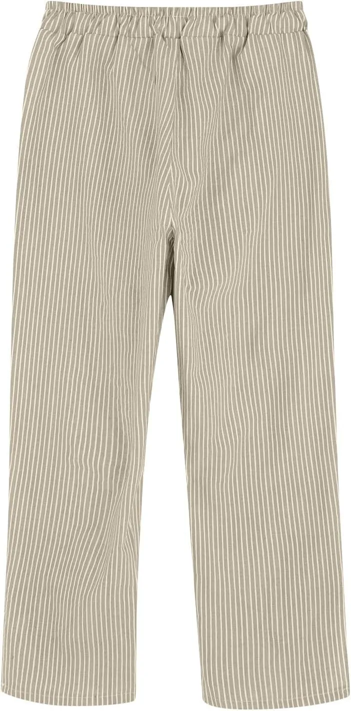 Cotton Linen Pants Women Petite Elastic Waisted Straight Leg Beach Baggy Capris Summer Casual Boho Pants with Pockets