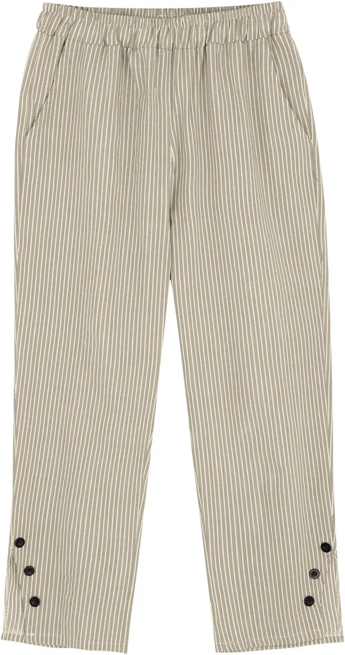 Cotton Linen Pants Women Petite Elastic Waisted Straight Leg Beach Baggy Capris Summer Casual Boho Pants with Pockets