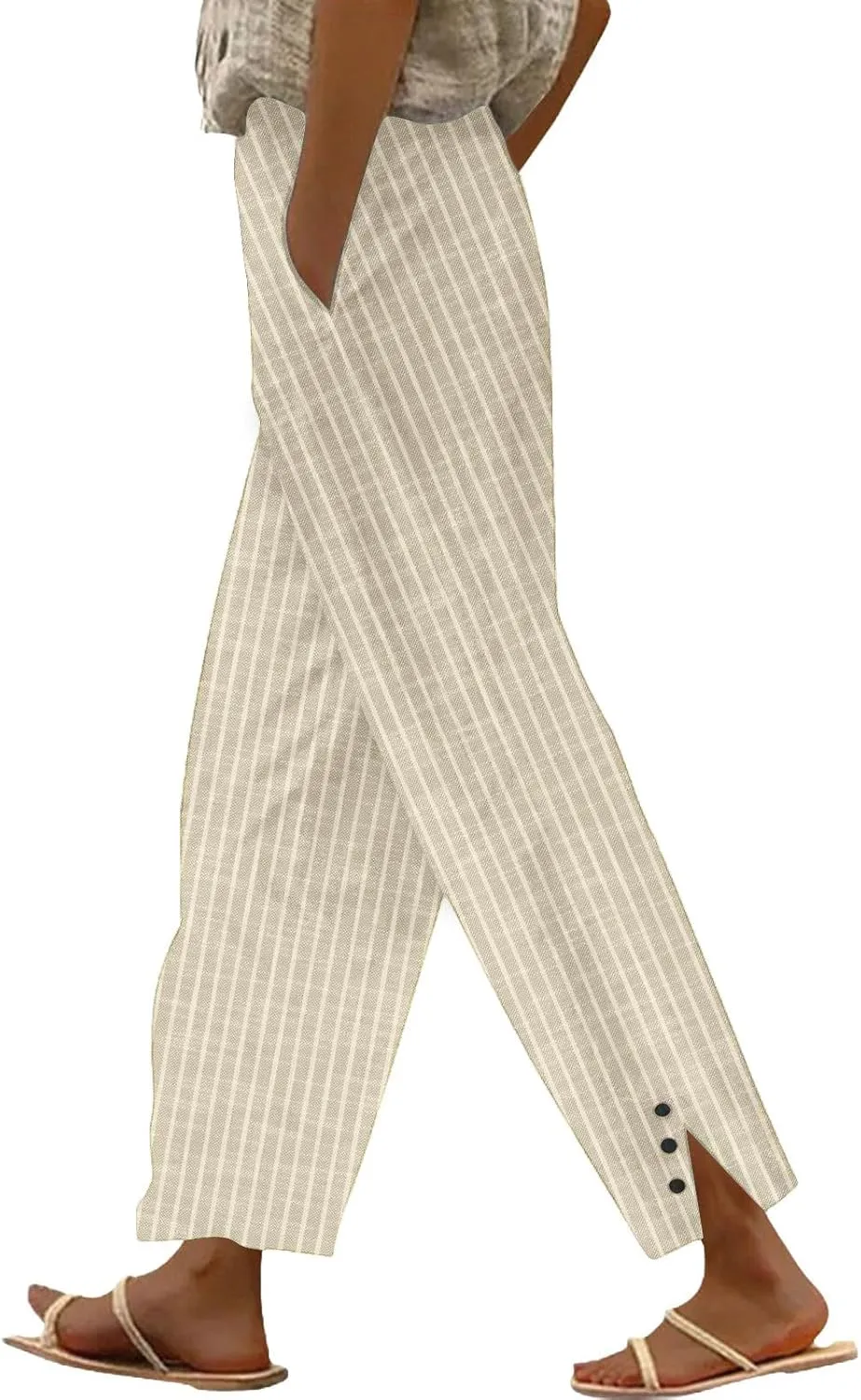 Cotton Linen Pants Women Petite Elastic Waisted Straight Leg Beach Baggy Capris Summer Casual Boho Pants with Pockets