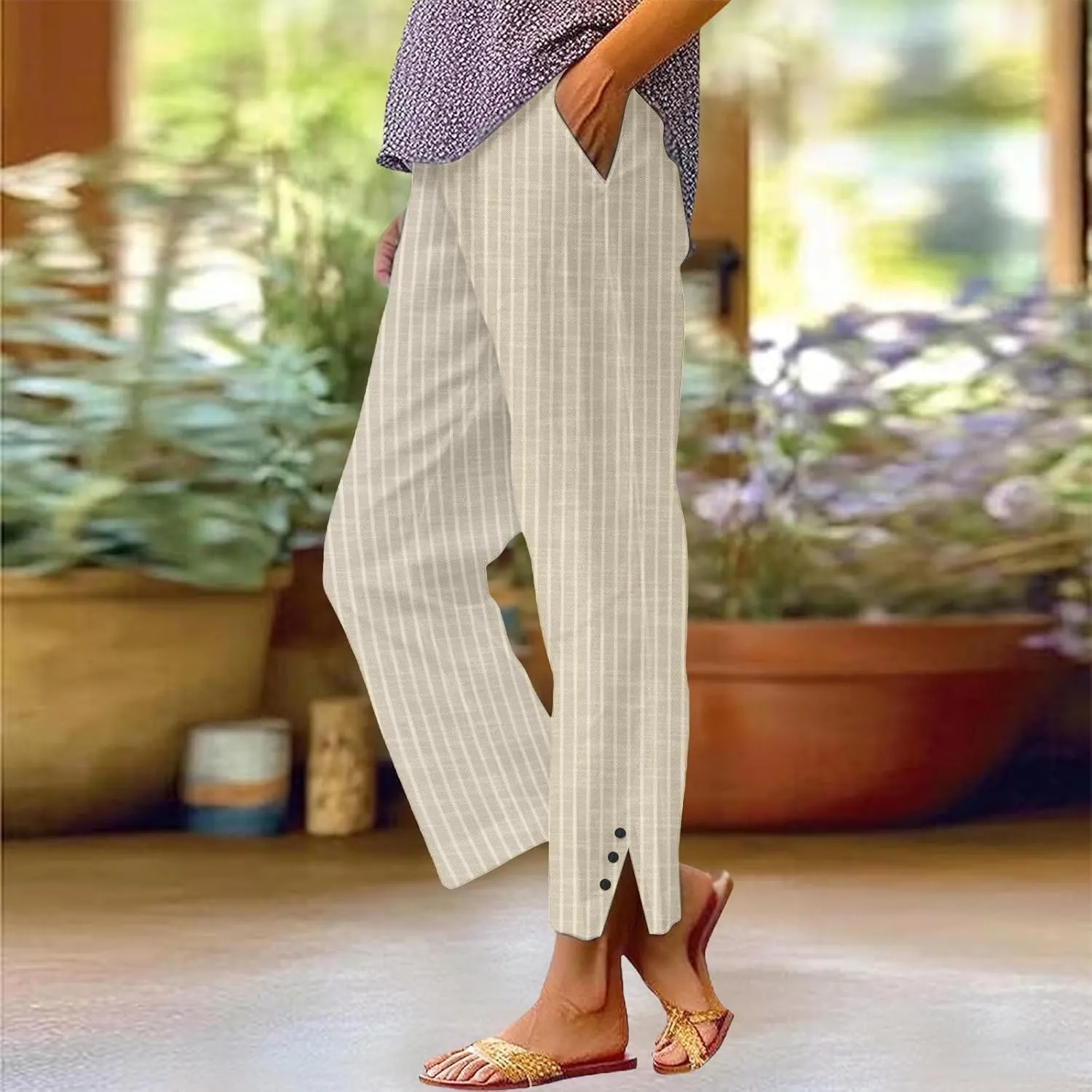 Cotton Linen Pants Women Petite Elastic Waisted Straight Leg Beach Baggy Capris Summer Casual Boho Pants with Pockets