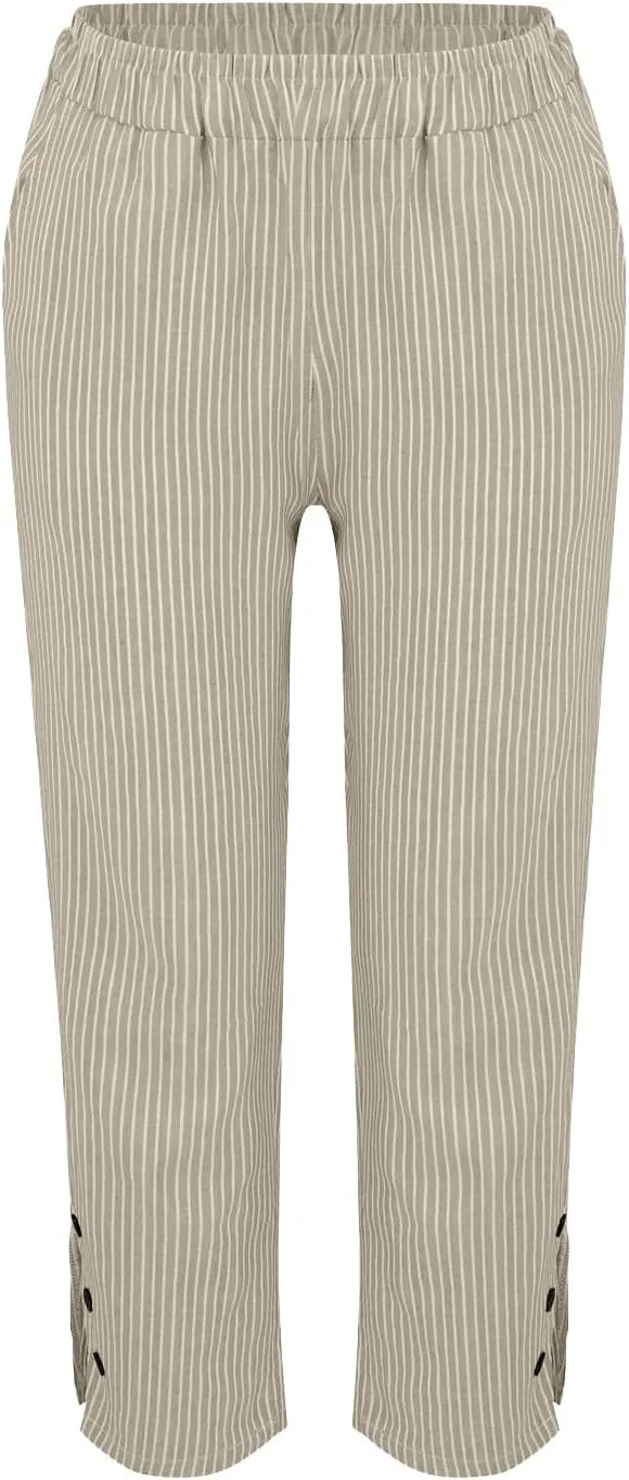Cotton Linen Pants Women Petite Elastic Waisted Straight Leg Beach Baggy Capris Summer Casual Boho Pants with Pockets