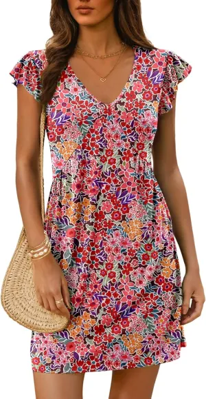 Dokotoo Women's Summer Dresses 2025 Boho Floral Beach Casual Deep V Neck Sundress Ruffle Sleeve Flowy Mini Dress