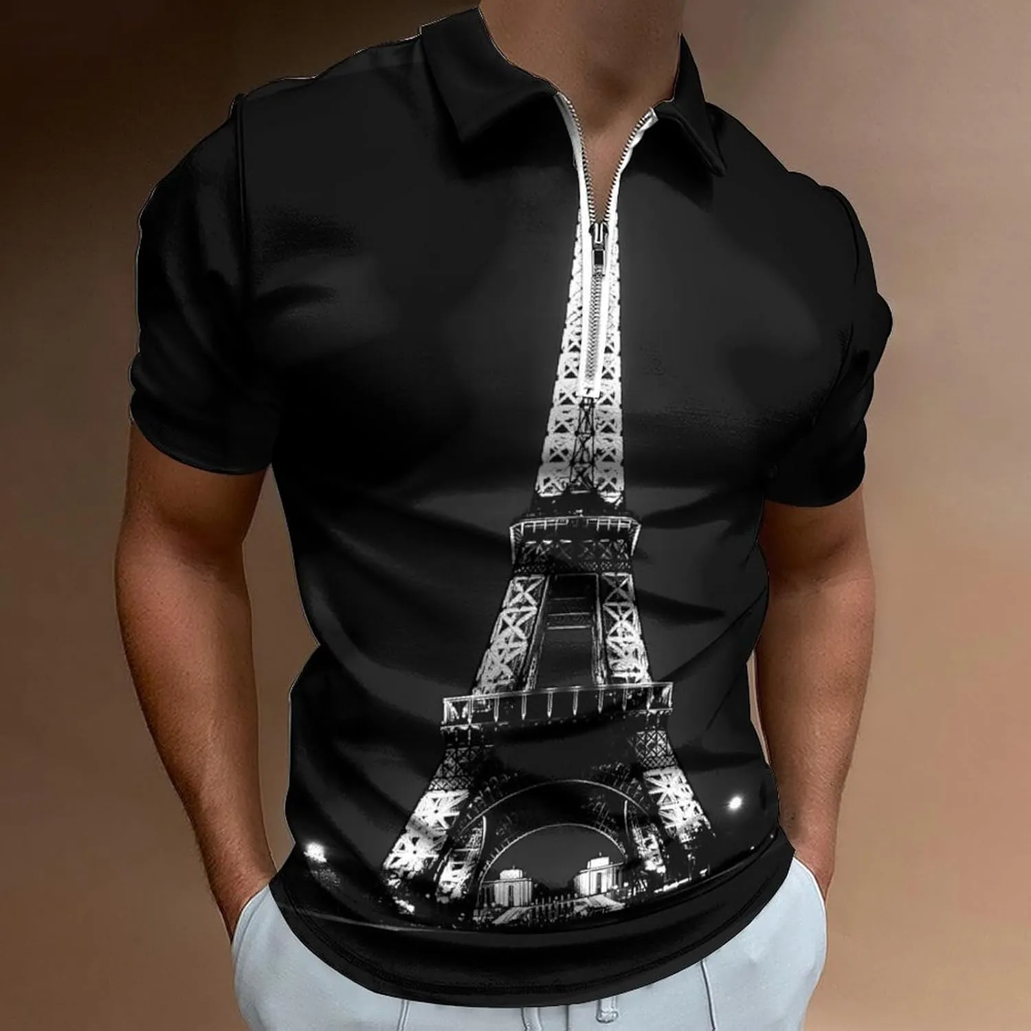 E-iffel Tower in Night Trendy Polo Shirts for Men Short Sleeve Lapel Collar Zipper T-Shirts Outdoor Sports