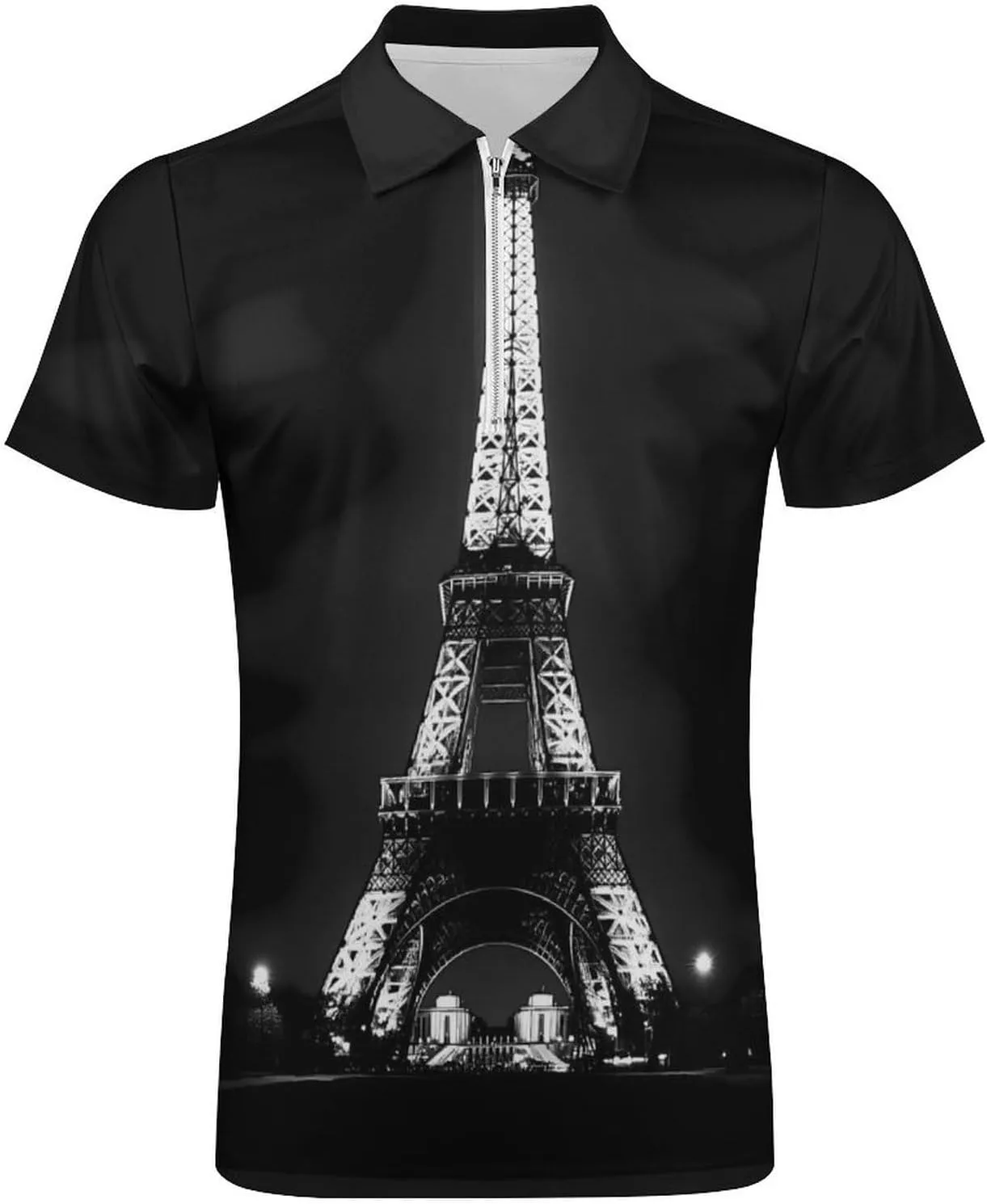 E-iffel Tower in Night Trendy Polo Shirts for Men Short Sleeve Lapel Collar Zipper T-Shirts Outdoor Sports