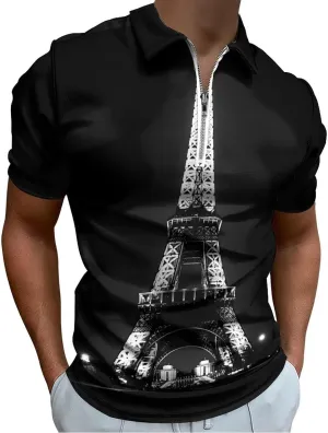 E-iffel Tower in Night Trendy Polo Shirts for Men Short Sleeve Lapel Collar Zipper T-Shirts Outdoor Sports