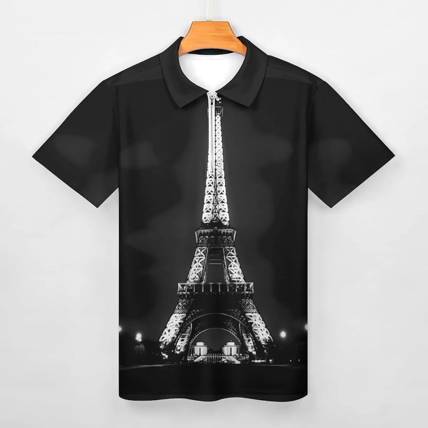 E-iffel Tower in Night Trendy Polo Shirts for Men Short Sleeve Lapel Collar Zipper T-Shirts Outdoor Sports