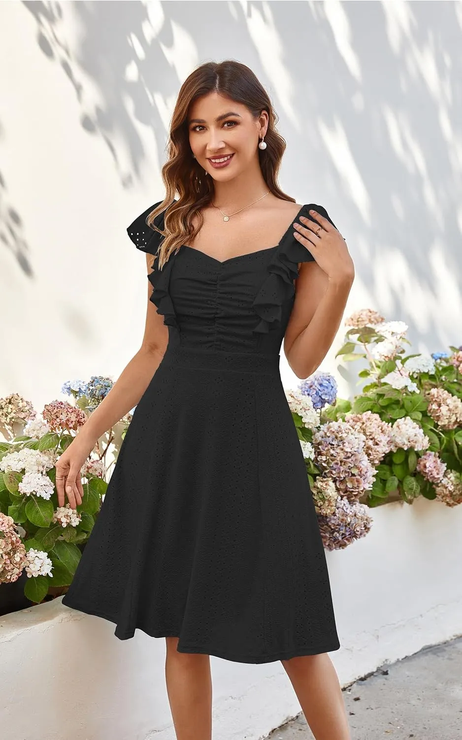 ECOWISH Women's Summer Dresses 2025 Elegant Lady Wedding Guest Cocktail Ruffle Cap Sleeves A-Line Office Midi Dress