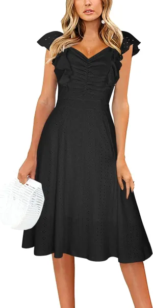 ECOWISH Women's Summer Dresses 2025 Elegant Lady Wedding Guest Cocktail Ruffle Cap Sleeves A-Line Office Midi Dress