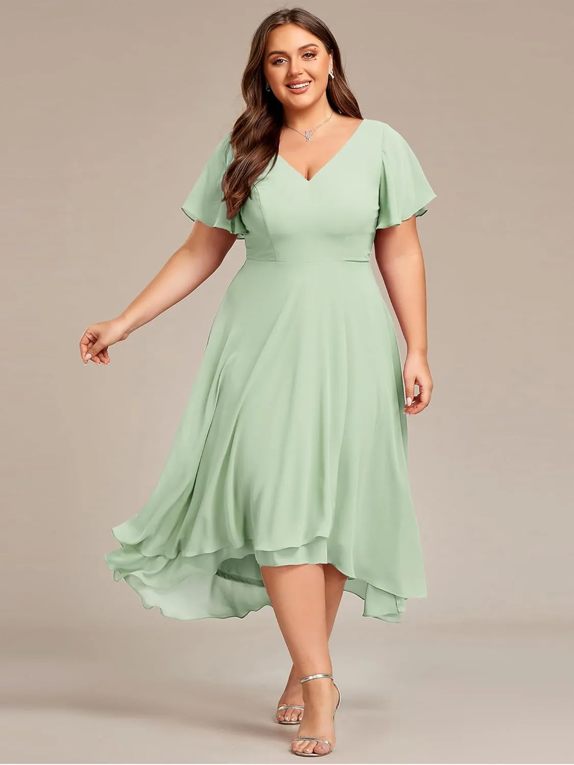 Ever-Pretty Women's Plus Size V Neck Asymmetric Hem Chiffon Wedding Guest Dress 01756-DA