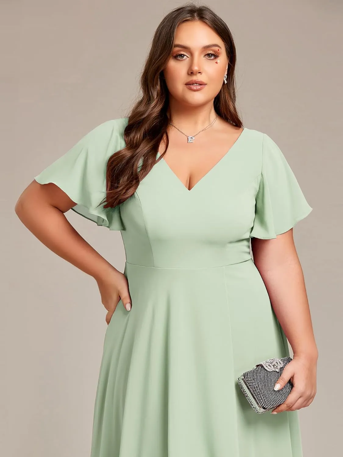 Ever-Pretty Women's Plus Size V Neck Asymmetric Hem Chiffon Wedding Guest Dress 01756-DA
