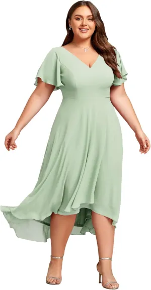 Ever-Pretty Women's Plus Size V Neck Asymmetric Hem Chiffon Wedding Guest Dress 01756-DA