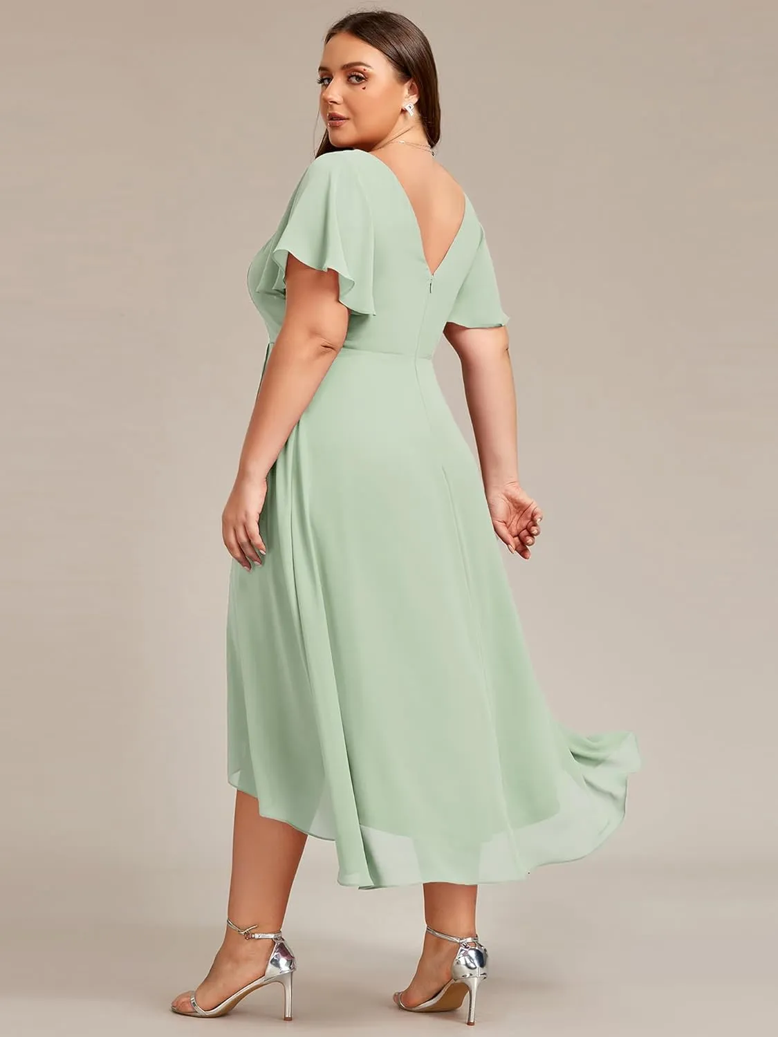 Ever-Pretty Women's Plus Size V Neck Asymmetric Hem Chiffon Wedding Guest Dress 01756-DA
