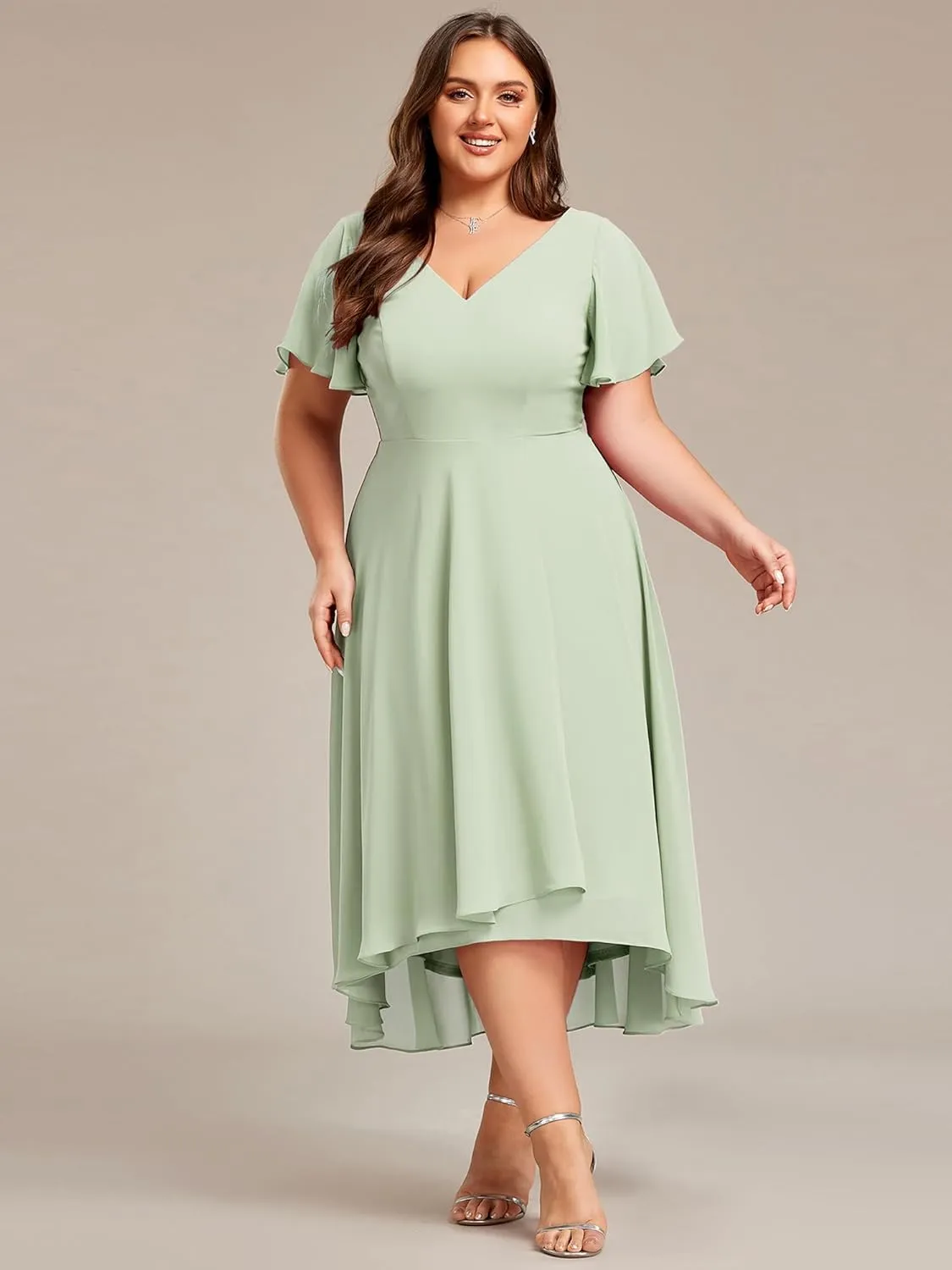 Ever-Pretty Women's Plus Size V Neck Asymmetric Hem Chiffon Wedding Guest Dress 01756-DA