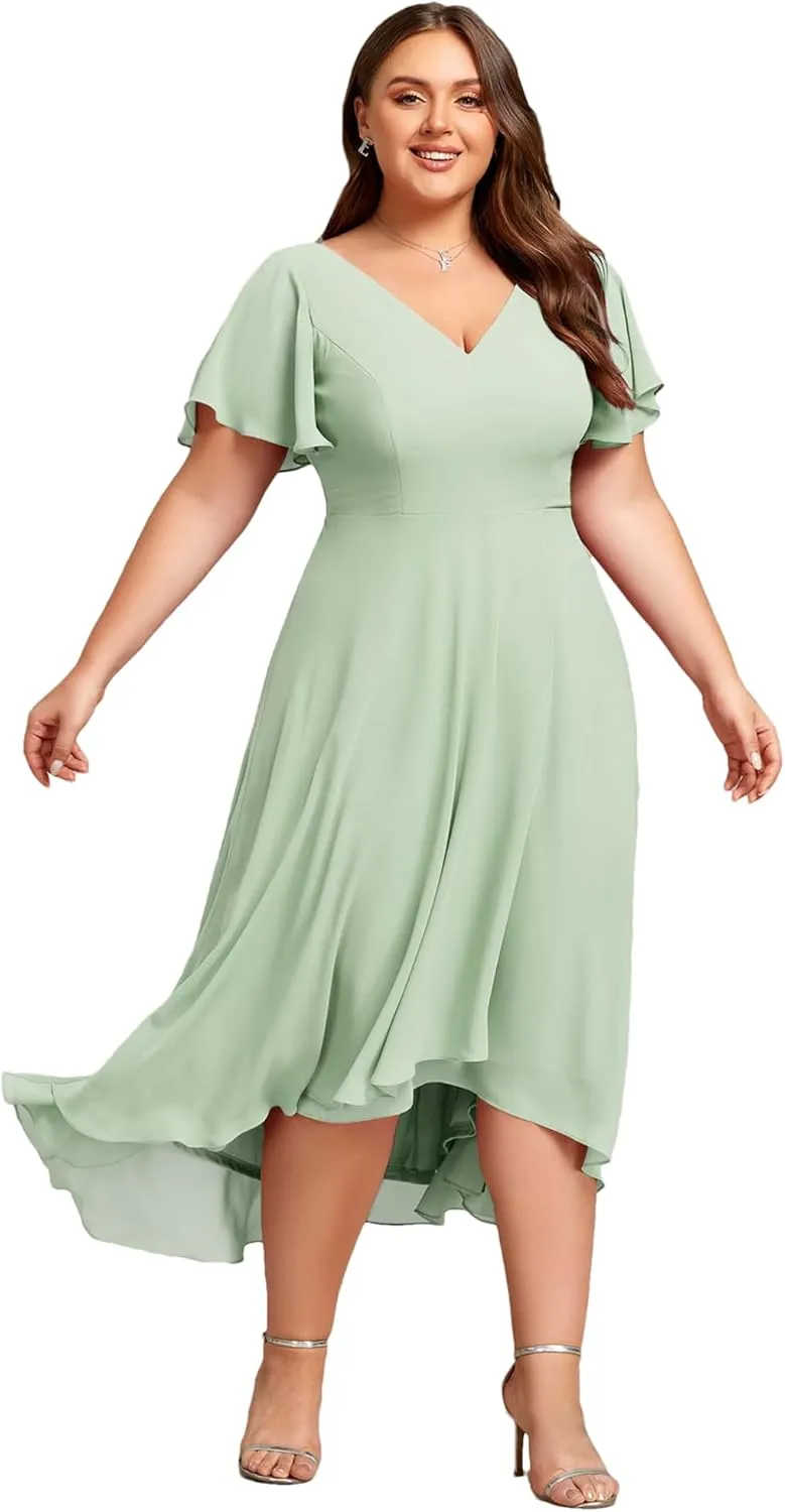 Ever-Pretty Women's Plus Size V Neck Asymmetric Hem Chiffon Wedding Guest Dress 01756-DA