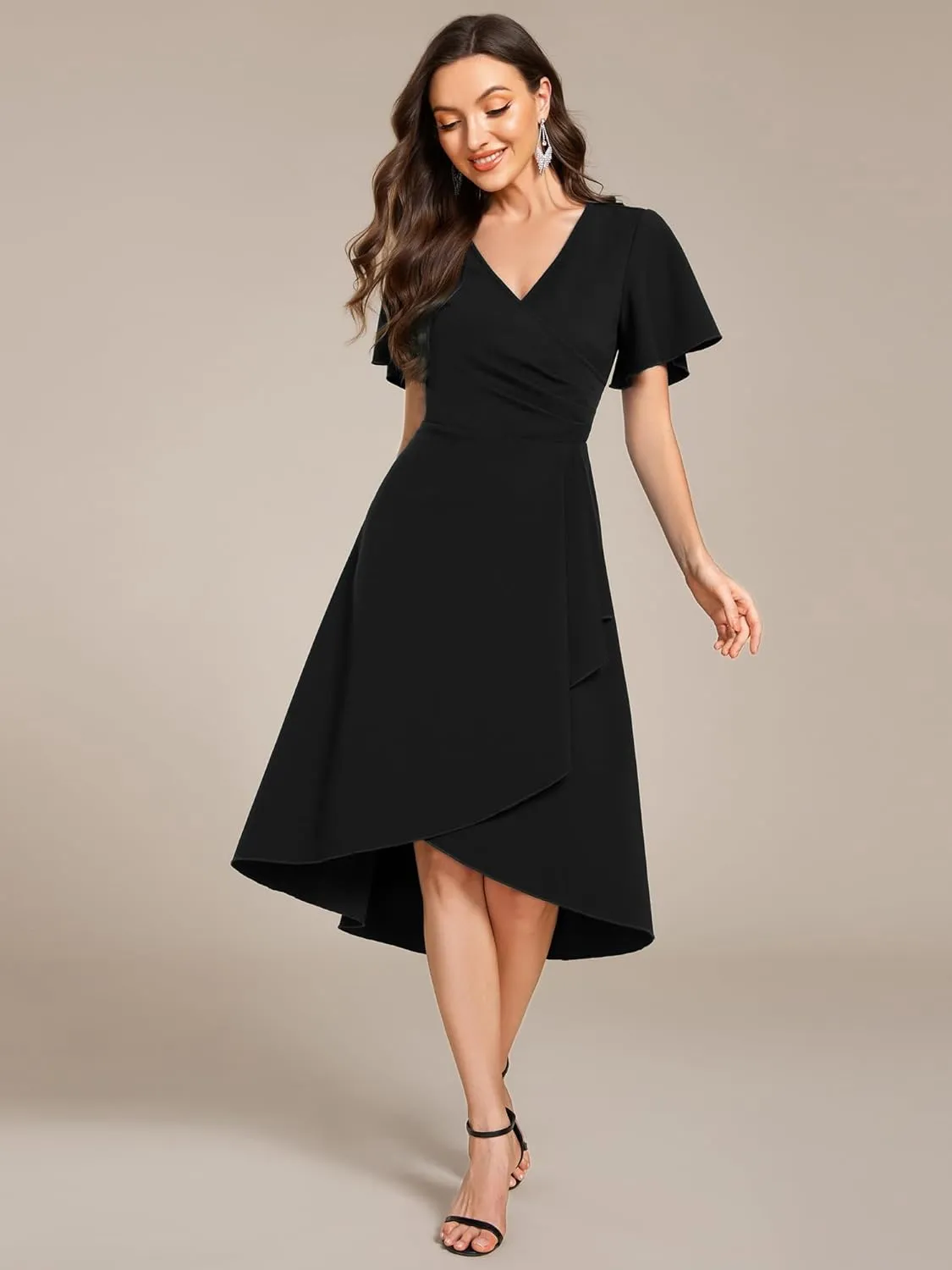 Ever-Pretty Women's V-Neck Pleated Short Ruffles Sleeves Hi-Lo Midi A Line Cocktail Dresses 02327