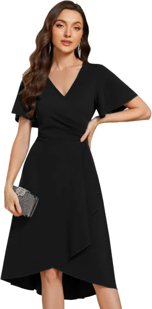 Ever-Pretty Women's V-Neck Pleated Short Ruffles Sleeves Hi-Lo Midi A Line Cocktail Dresses 02327