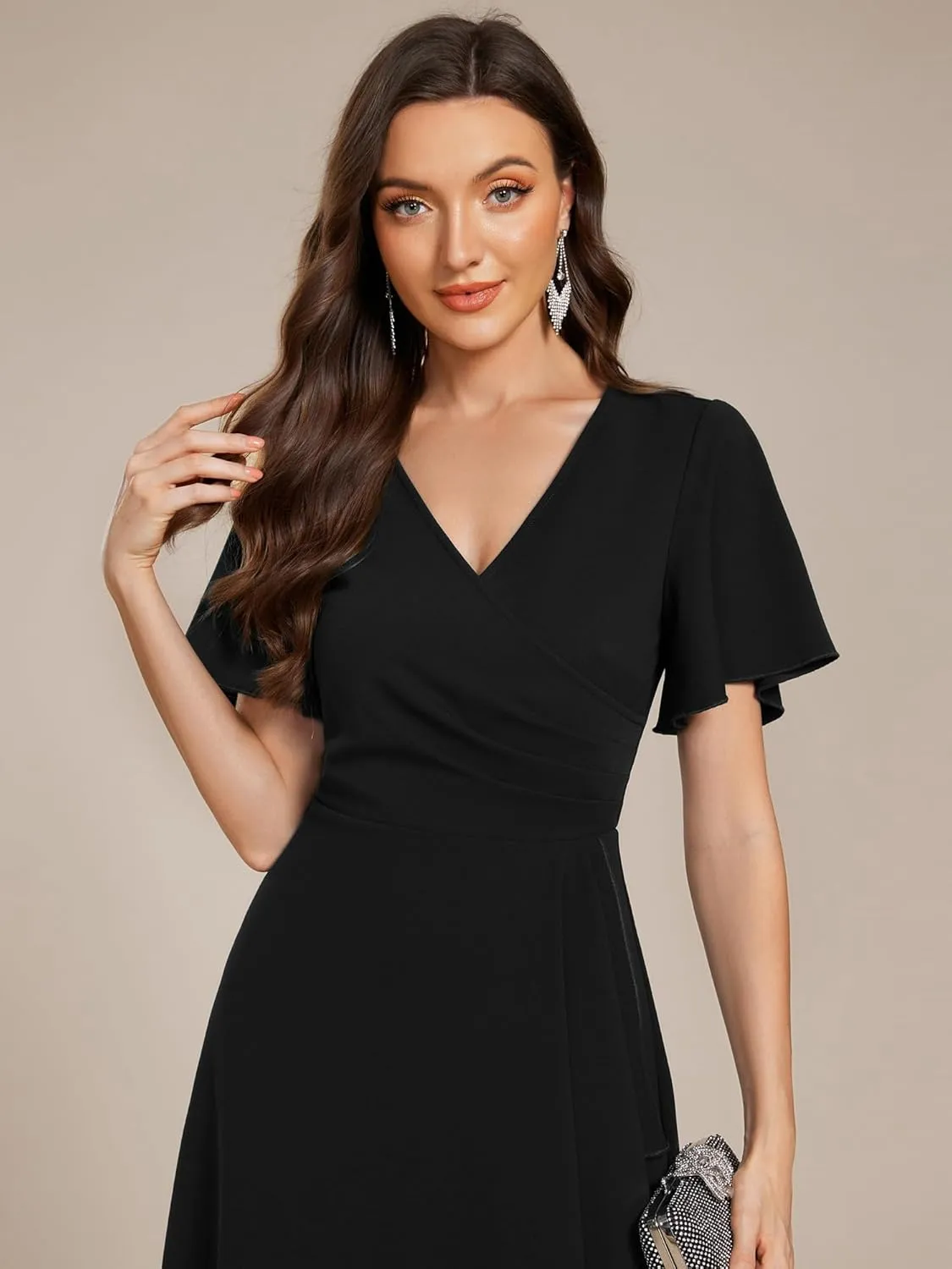 Ever-Pretty Women's V-Neck Pleated Short Ruffles Sleeves Hi-Lo Midi A Line Cocktail Dresses 02327