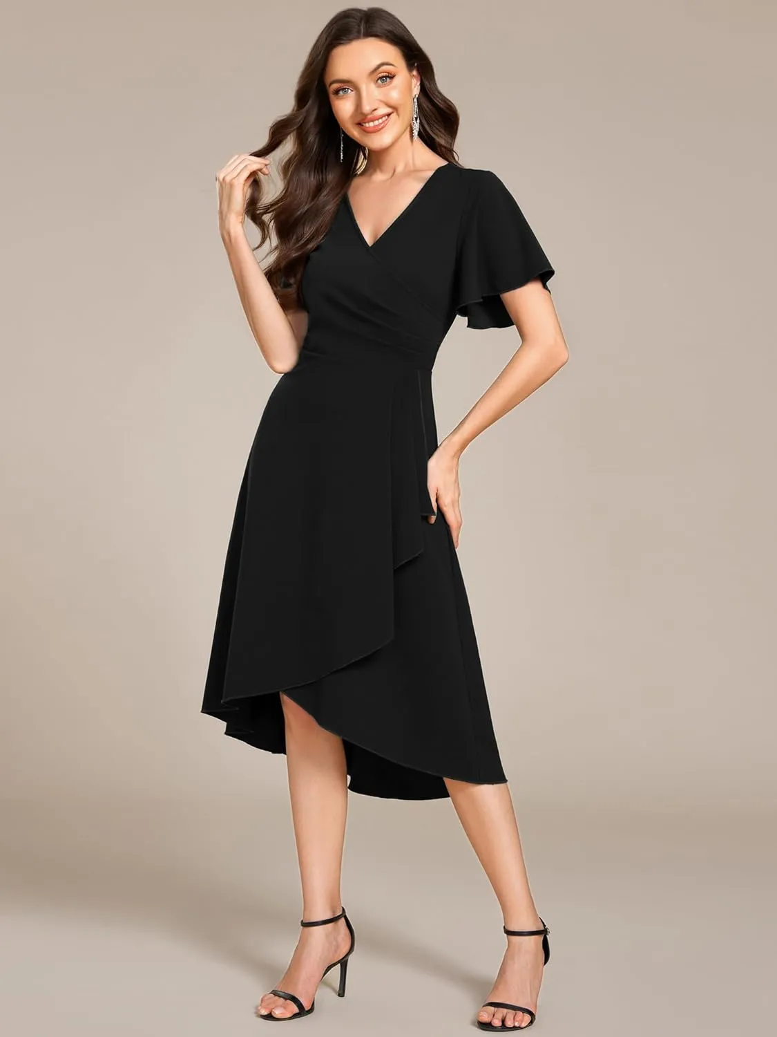 Ever-Pretty Women's V-Neck Pleated Short Ruffles Sleeves Hi-Lo Midi A Line Cocktail Dresses 02327