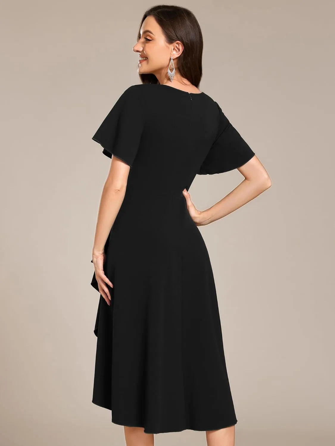 Ever-Pretty Women's V-Neck Pleated Short Ruffles Sleeves Hi-Lo Midi A Line Cocktail Dresses 02327