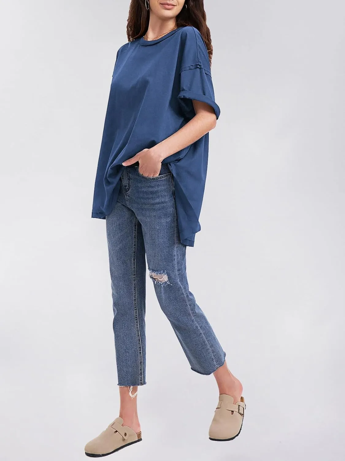 EXLURA Womens Summer Oversized T Shirts 2025 Casual Short Sleeve Loose Maternity Tops Crewneck Tunic Plus Gym Workout Top