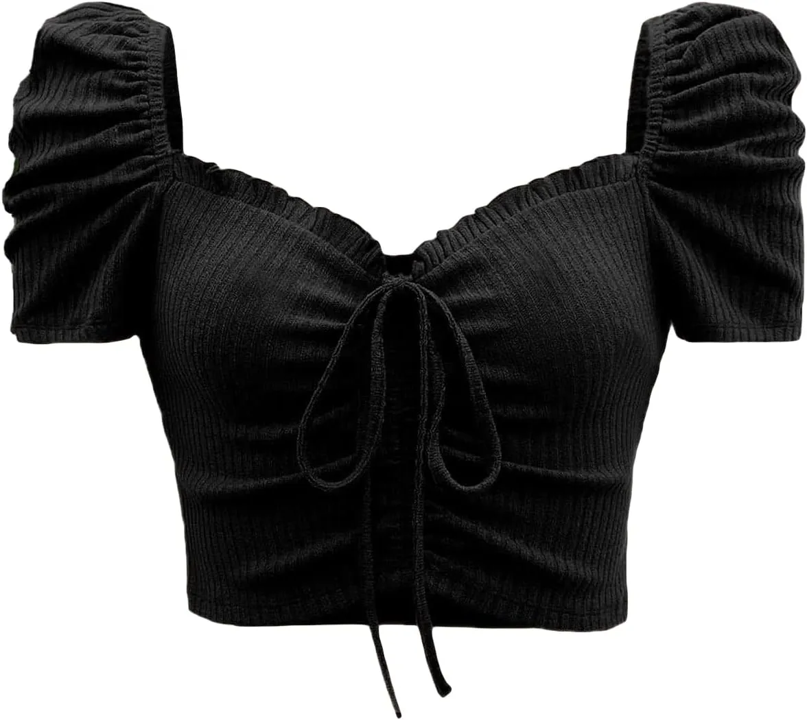 Floerns Women's Summer Square Neck Schiffy Drawstring Front Crop Top Blouse