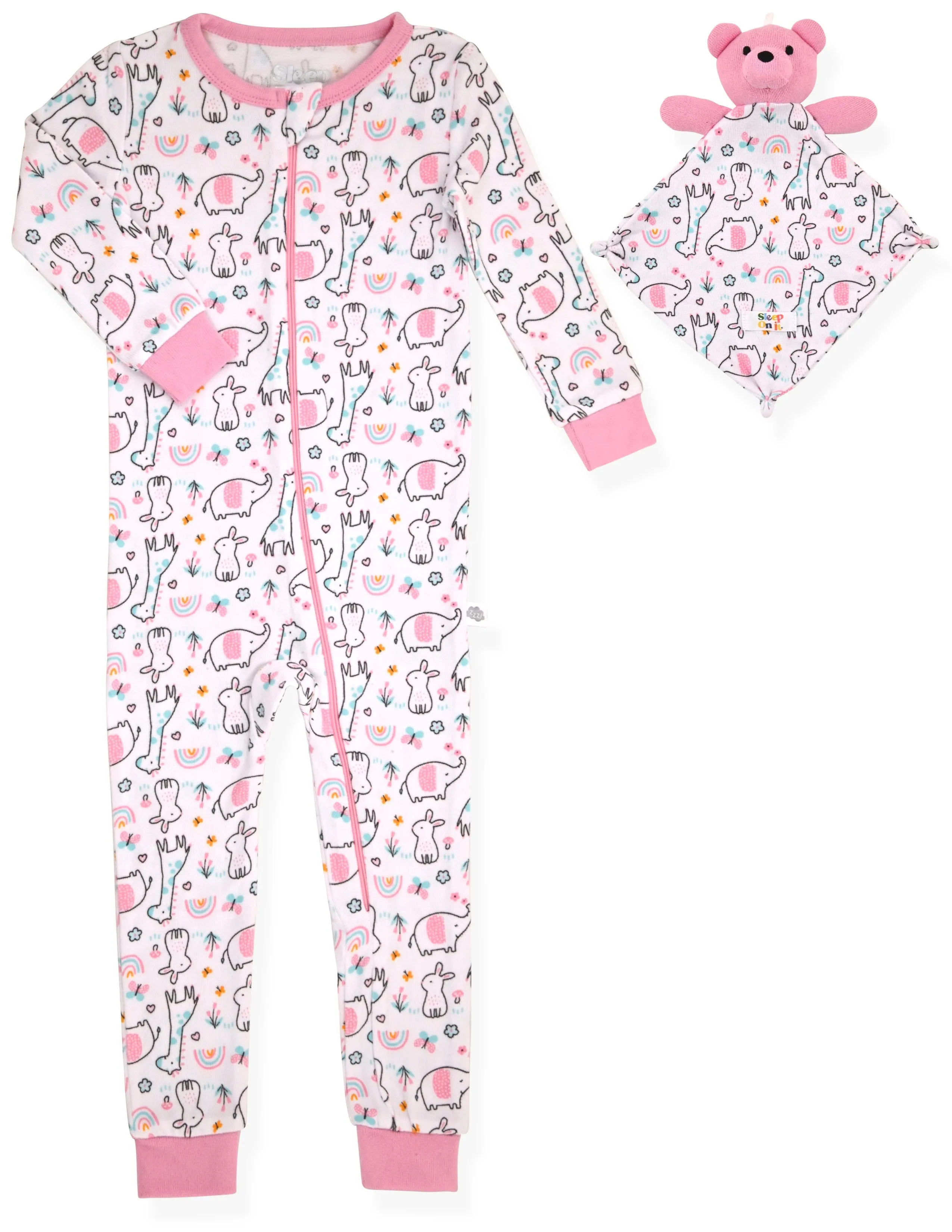 Girls Long Sleeve Super Soft Snuggle Jersey Zip-Up Coverall Pajama with Blankey Buddy- Animal Wonderland.